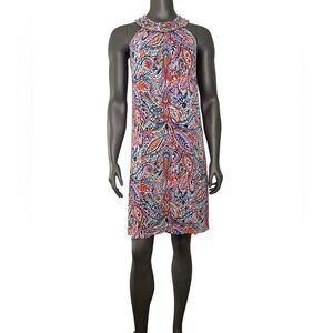 Cupio Dress L Colorful White Leaf Print Viscose High Neck Summer Knee Length